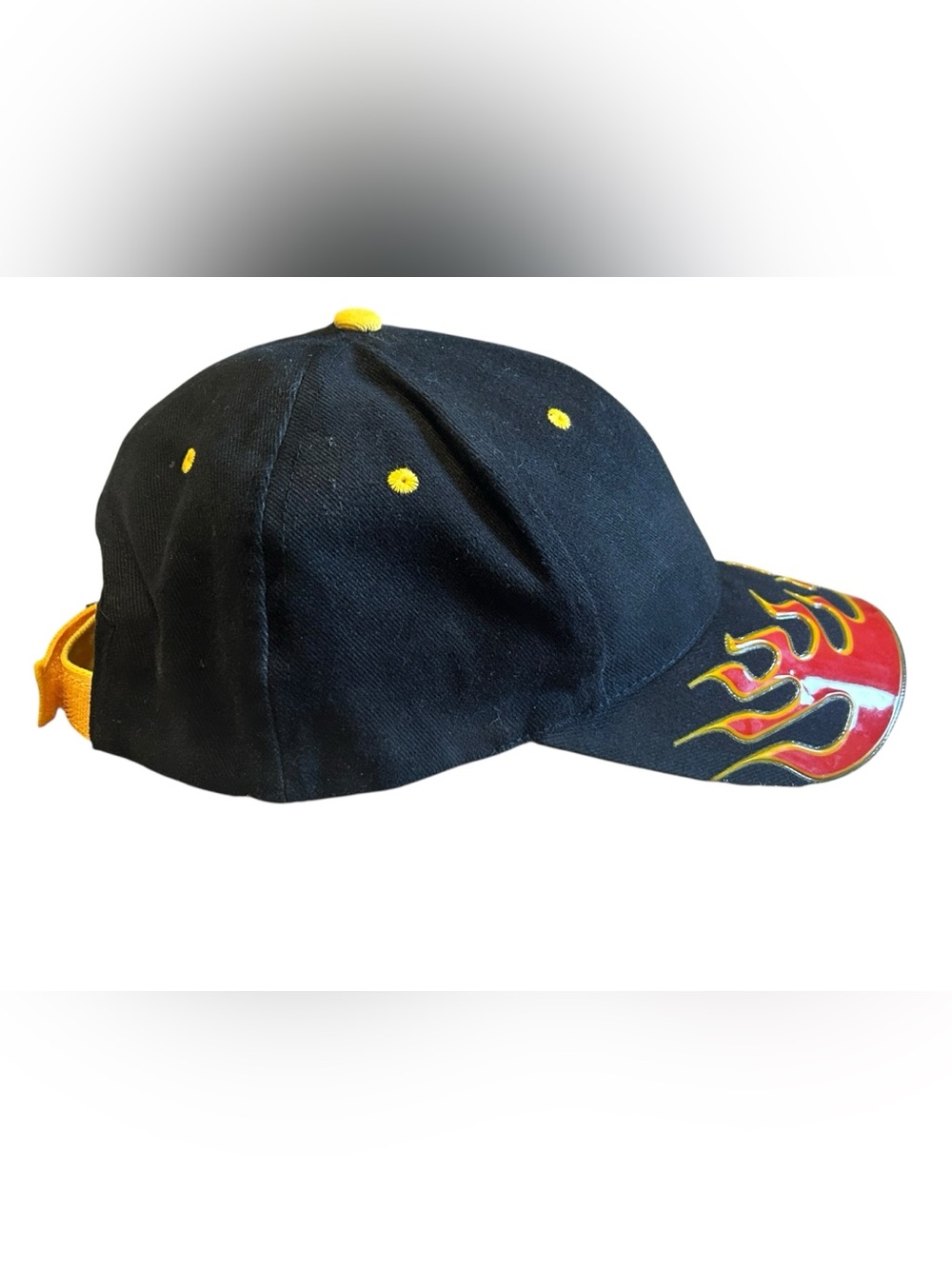 Black Cap with Red and Yellow Flame Visor - Men's Baseball Hat - Picture 10 of 12